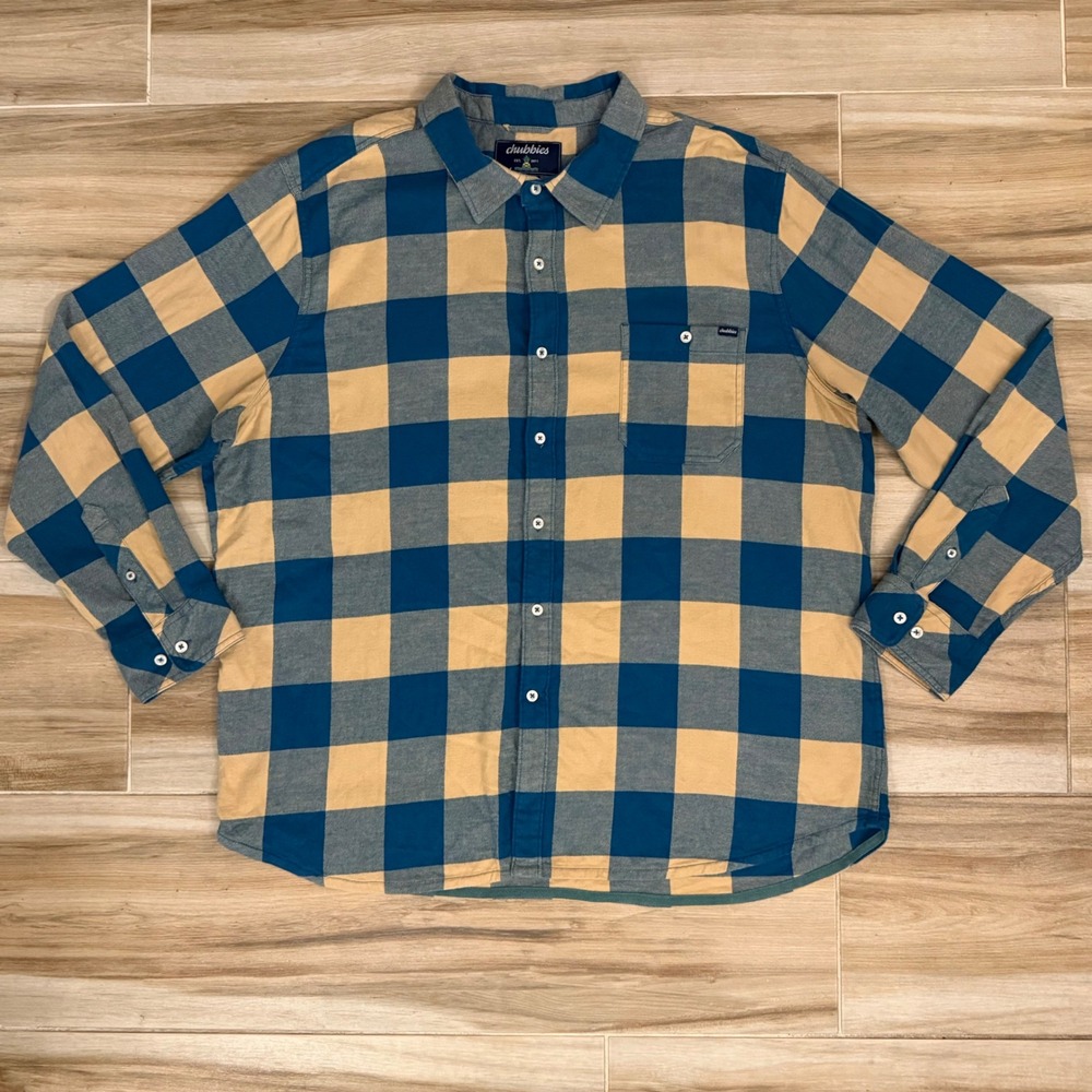 Chubbies Mens XXL Blue Tan Buffalo Plaid Flannel Button Down Shirt Pineapple